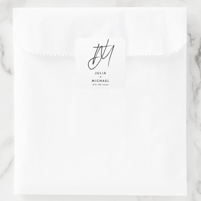 Personalized Black and White Wedding Monogram Square Sticker (Bag)