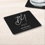 Personalized Black and White Wedding Paper Coaster<br><div class="desc">Complete your elegant wedding decor with these personalized black and white paper coasters featuring a large brushed script two initial monogram with couple's name and wedding date below in modern sans serif font. These coasters are perfect for protecting your tables and adding a personalized touch to your wedding reception.</div>
