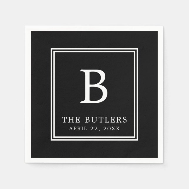 Personalized Black and White Wedding Paper Napkins (Front)