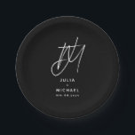 Personalized Black and White Wedding Paper Plate<br><div class="desc">Add a touch of elegance to your wedding reception with these personalized paper plates. Featuring a large brushed script two initial monogram with the couple's name and wedding date below in modern sans serif font, this design is perfect for a sophisticated and stylish celebration. The white text on a black...</div>
