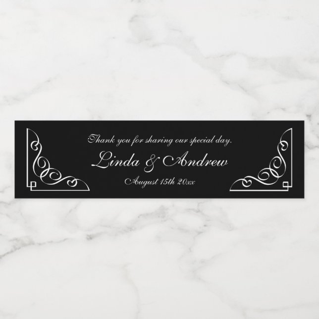 Personalized black and white wedding party favour water bottle label (Single Label)
