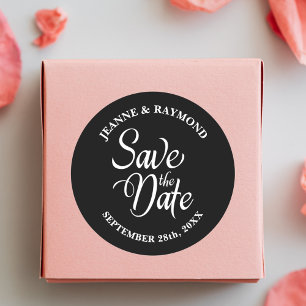 Personalized Black and White Wedding Save The Date Classic Round Sticker