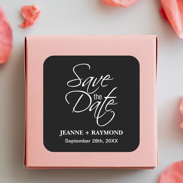 Personalized Black and White Wedding Save the Date Square Sticker (Creator Uploaded)