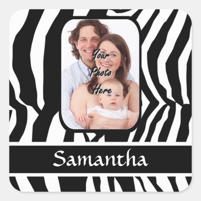 Personalized black and white zebra print square sticker (Front)