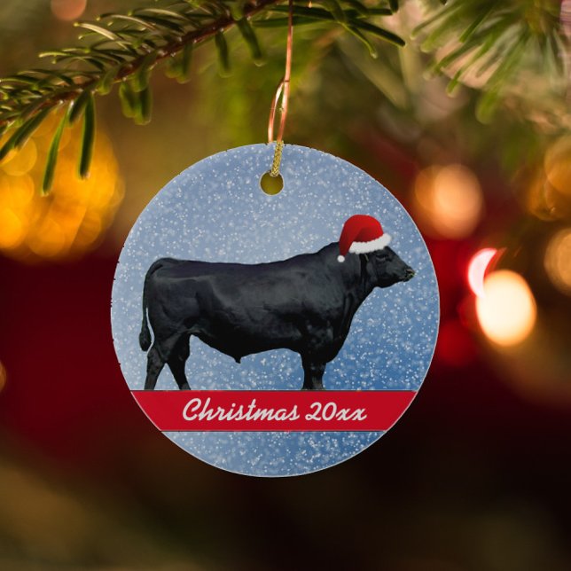 Personalized Black Angus and Santa Hat Ceramic Ornament (Creator Uploaded)