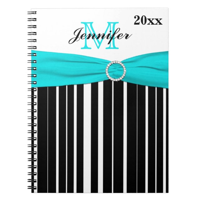Personalized Black Aqua White Striped Notebook (Front)
