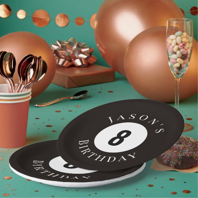 Personalized Black Billiard Pool Ball Birthday  Paper Plate (Multi)