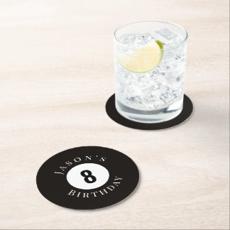 Personalized Black Billiard Pool Ball Birthday Rou Round Paper Coaster