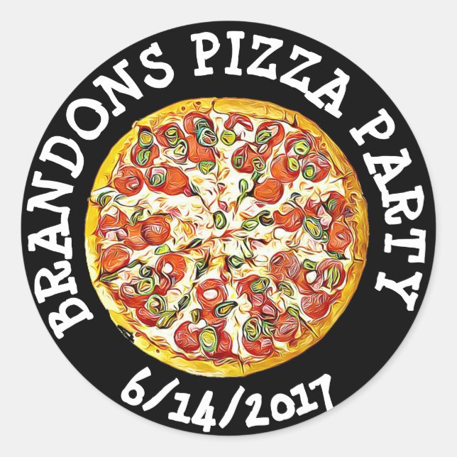Personalized Black  Birthday Pizza Party Stickers (Front)
