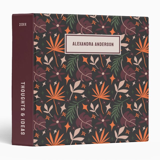 Personalized Black Boho Chic Botanical Pattern Binder (Front/Spine)