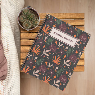 Personalized Black Boho Chic Botanical Pattern Notebook