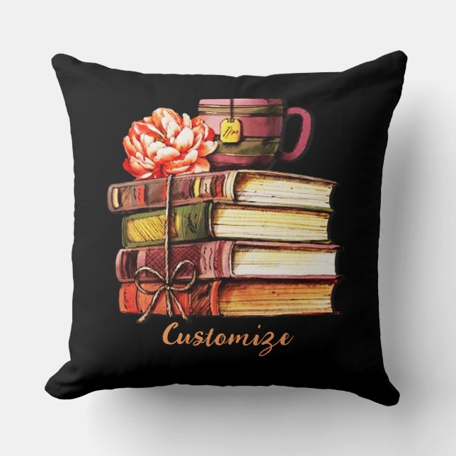 Personalized Black Books And Tea Throw Pillow (Front)