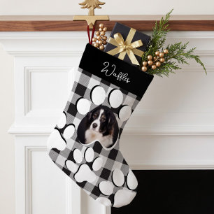 Personalized Black Buffalo Plaid Pet Dog Cat Photo Small Christmas Stocking