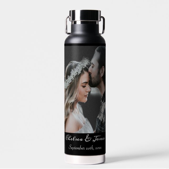 Personalized Black Calligraphy Add Your Own Photo  Water Bottle (Front)
