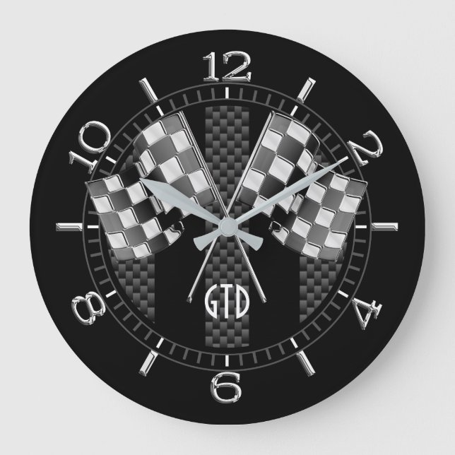 Personalized Black Carbon Style Racing Stripes Large Clock (Front)