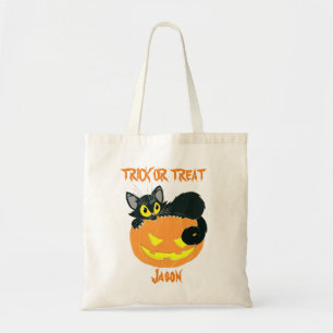Personalized Black Cat And Pumpkin Trick or Treat Tote Bag