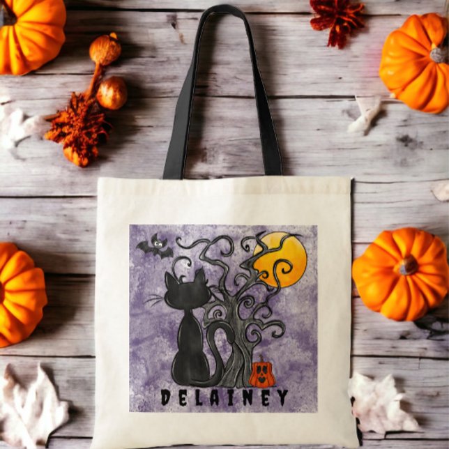 Personalized Black Cat Halloween Candy Bag Purple (Creator Uploaded)