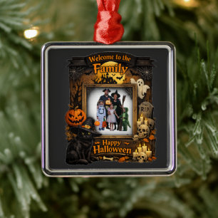 Personalized Black Cat Halloween Family Photo Fram Metal Ornament