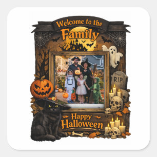 Personalized Black Cat Halloween Family Photo Fram Square Sticker