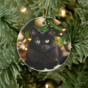 Personalized Black Cat in Front of Christmas Tree Ceramic Ornament