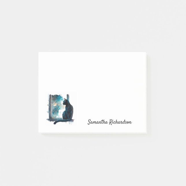 Personalized Black Cat Moon Silhouette Watercolor Post-it Notes (Front)