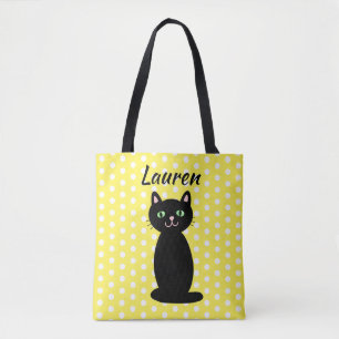 Personalized Black Cat Silhouette Polka Dots  Tote Bag