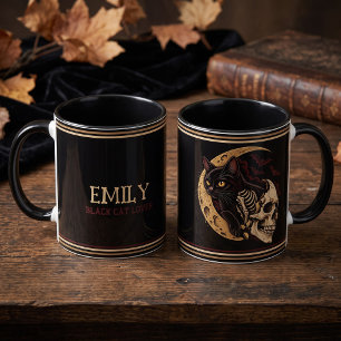 Personalized Black Cat Skeleton Skull Halloween Mug