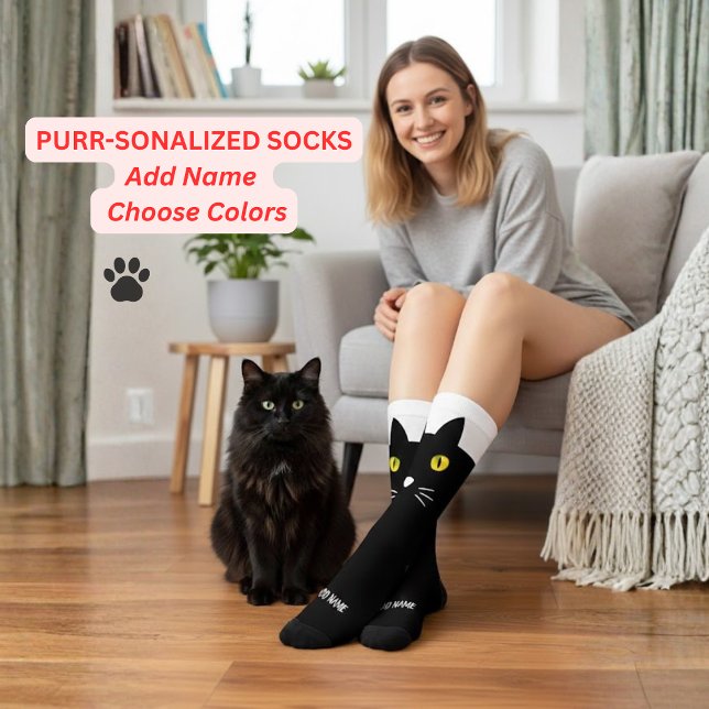 Personalized Black Cat Socks - Cats Custom Gift  (The Best Gift Socks For Black Cats, Make Any black cat owner happy with this black cat sock gift)