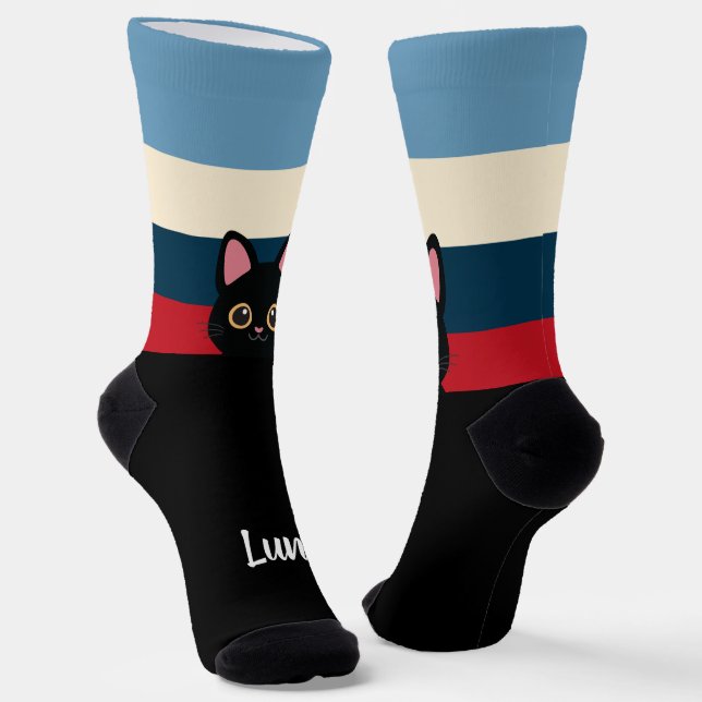Personalized Black Cat Socks Custom Name Color (Angled)
