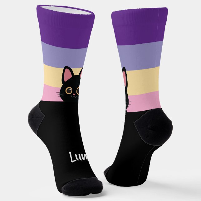 Personalized Black Cat Socks Custom Name Color (Angled)