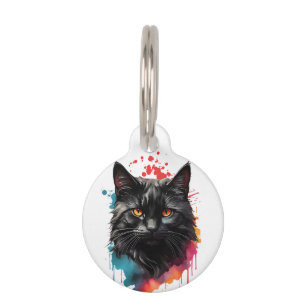 Personalized Black Cat Splatter Art Portrait  Pet Tag