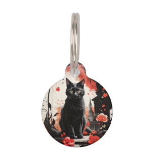 Personalized Black Cat Splatter Art Red Flowers  Pet Tag