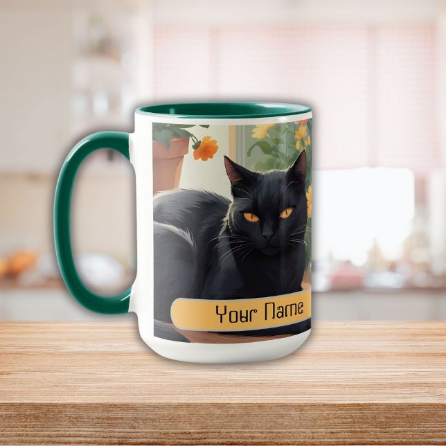 Personalized Black cat with potted flowers Mug (Personalized Black cat with potted flowers Mug)