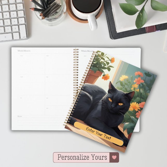 Personalized Black cat with potted flowers Planner (Personalized Black cat with potted flowers Planner)