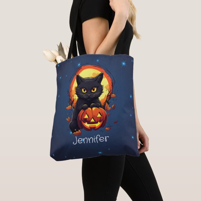 Personalized Black Cat with Pumpkin Halloween Tote Bag (Close Up)