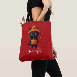 Personalized Black Cat with Pumpkin Halloween Tote Bag
