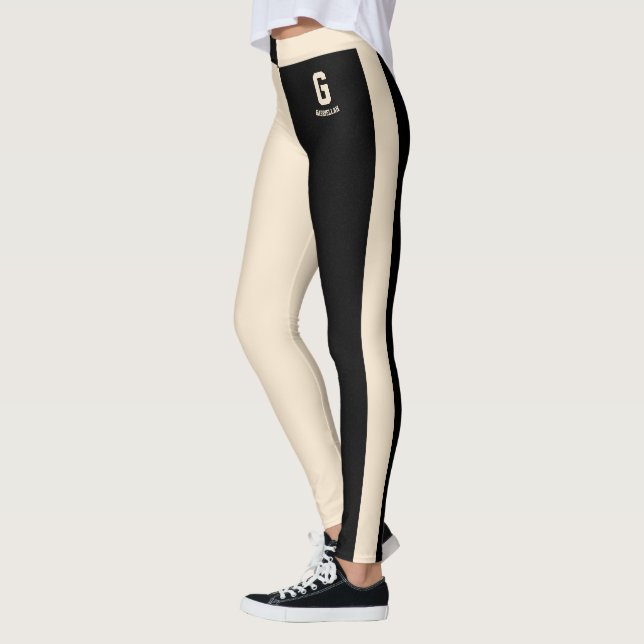 Personalized Black Champagne Gold Stripes Monogram Leggings (Left)
