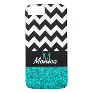 Personalized Black Chevron Cyan Glitter Case-Mate iPhone Case