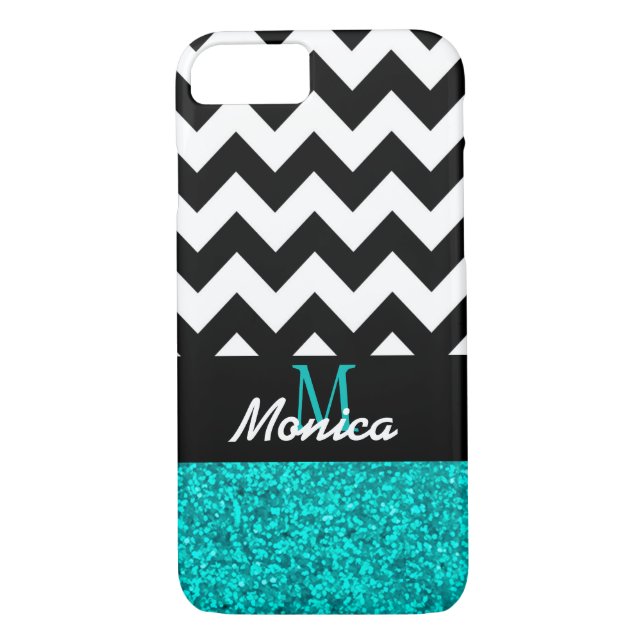Personalized Black Chevron Cyan Glitter Case-Mate iPhone Case (Back)