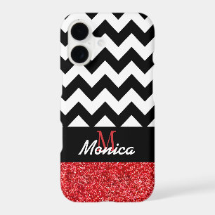 Personalized Black Chevron Red Glitter