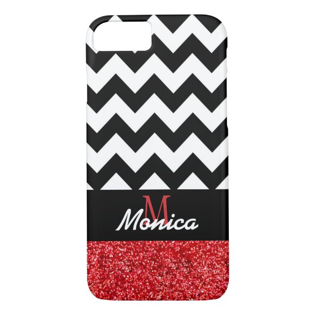 Personalized Black Chevron Red Glitter Case-Mate iPhone Case (Back)