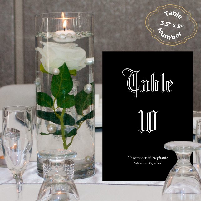 Personalized Black Chic Newspaper Style Seating  Table Number (Classic Black Newspaper Style Wedding Personalized Table Numbers White Calligraphy)