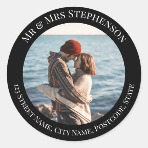 Personalized Black Circle with Top Bottom Texts Classic Round Sticker