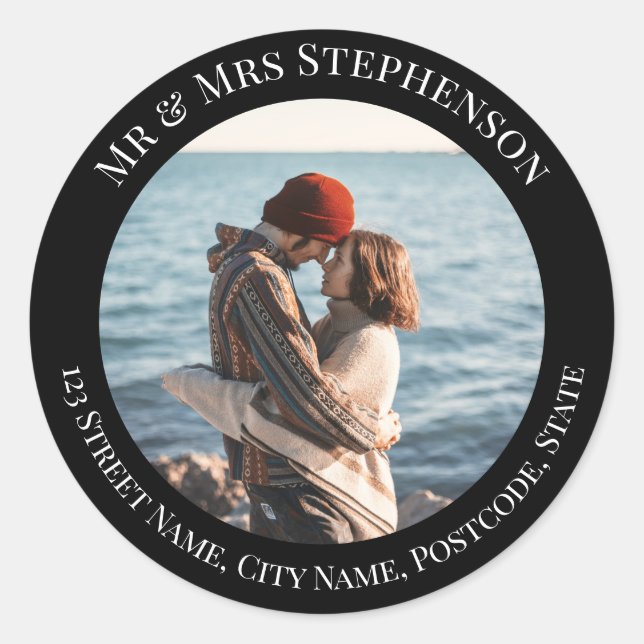 Personalized Black Circle with Top Bottom Texts Classic Round Sticker (Front)
