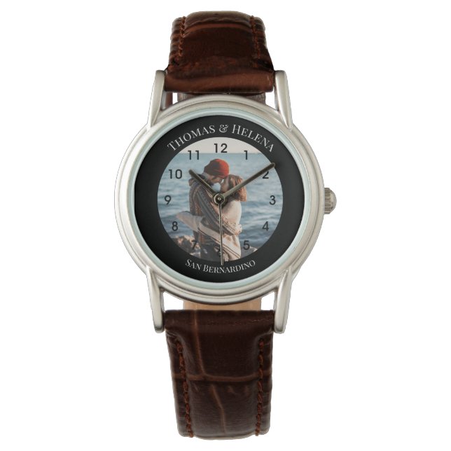 Personalized Black Circle with Top Bottom Texts Watch (Front)