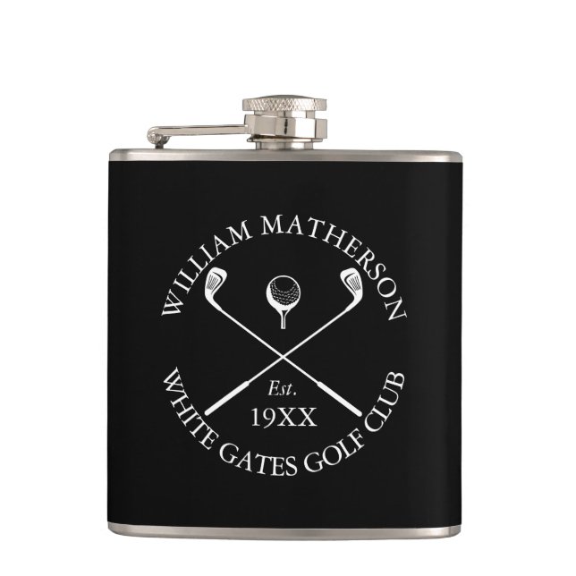 Personalized Black Classic Golf Club Name Hip Flask (Front)