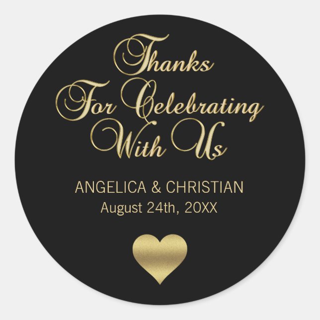 Personalized Black Colour Gold Thanks Wedding Classic Round Sticker (Front)