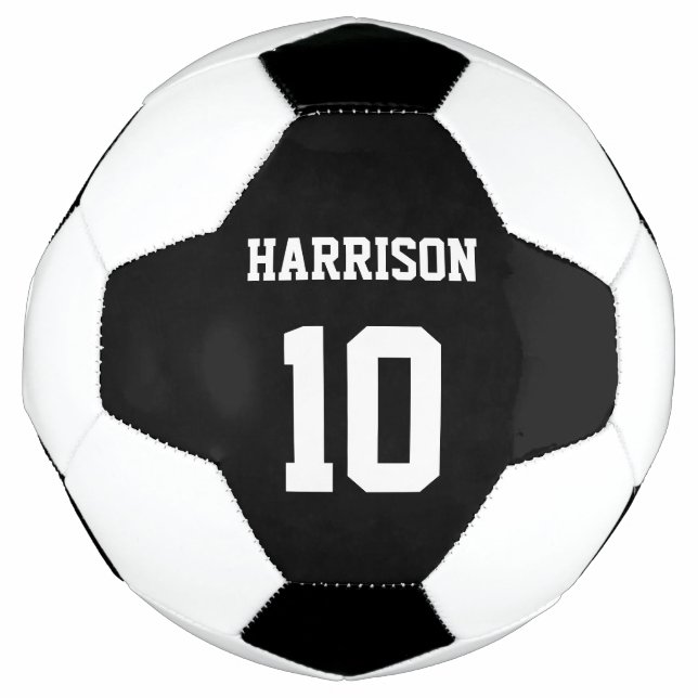 Personalized black custom name sports team number soccer ball (Front)