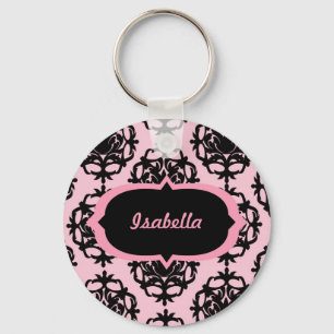 Personalized Black Damask on Pink Keychain