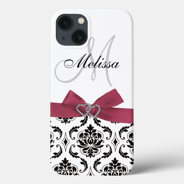 Personalized Black Damask Pink Bow Diamond Hearts Case-Mate iPhone Case (Back)